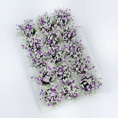15 vivid flower grass tufts, hobby terrain accessory, detailed floret clusters, e-commerce render