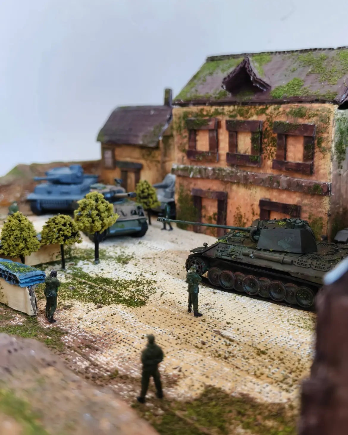 Static grass tufts and realistic scenery used on a model railway layout with a detailed diesel locomotive.