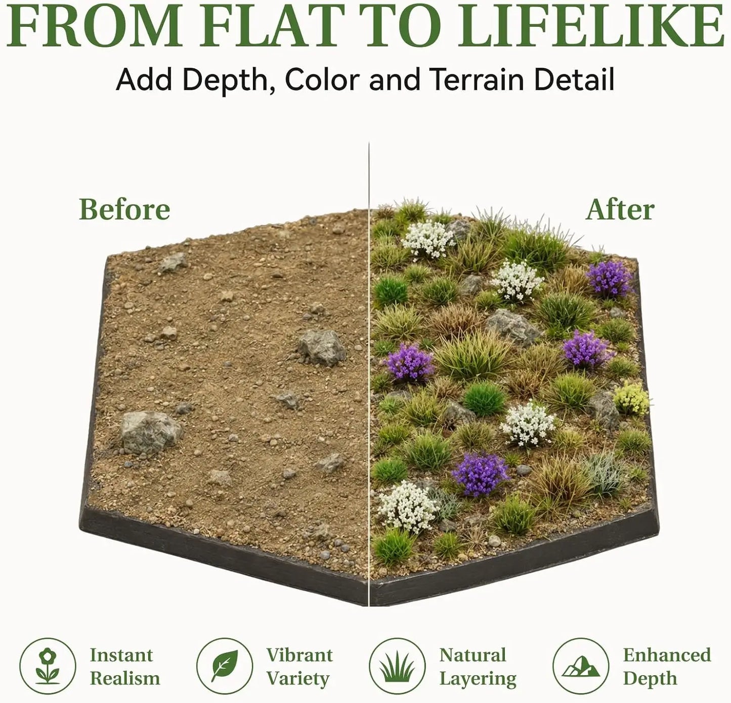 N scale model railway tunnel layout terrain, self-adhesive mini grass and flower tufts along railroad tracks for lifelike pastoral scenery
