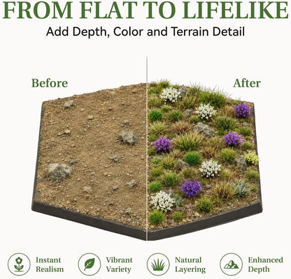 N scale model railway tunnel layout terrain, self-adhesive mini grass and flower tufts along railroad tracks for lifelike pastoral scenery