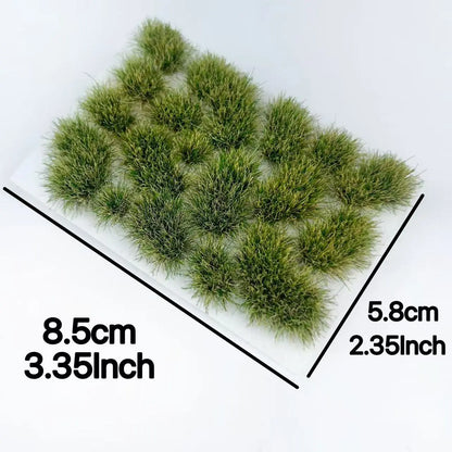 Size reference chart for 18pcs irregular static grass tufts, single sheet dimension 8.5cm*5.8cm, grass height 8mm, seasonal static grass material for all scale model terrain hobbyists