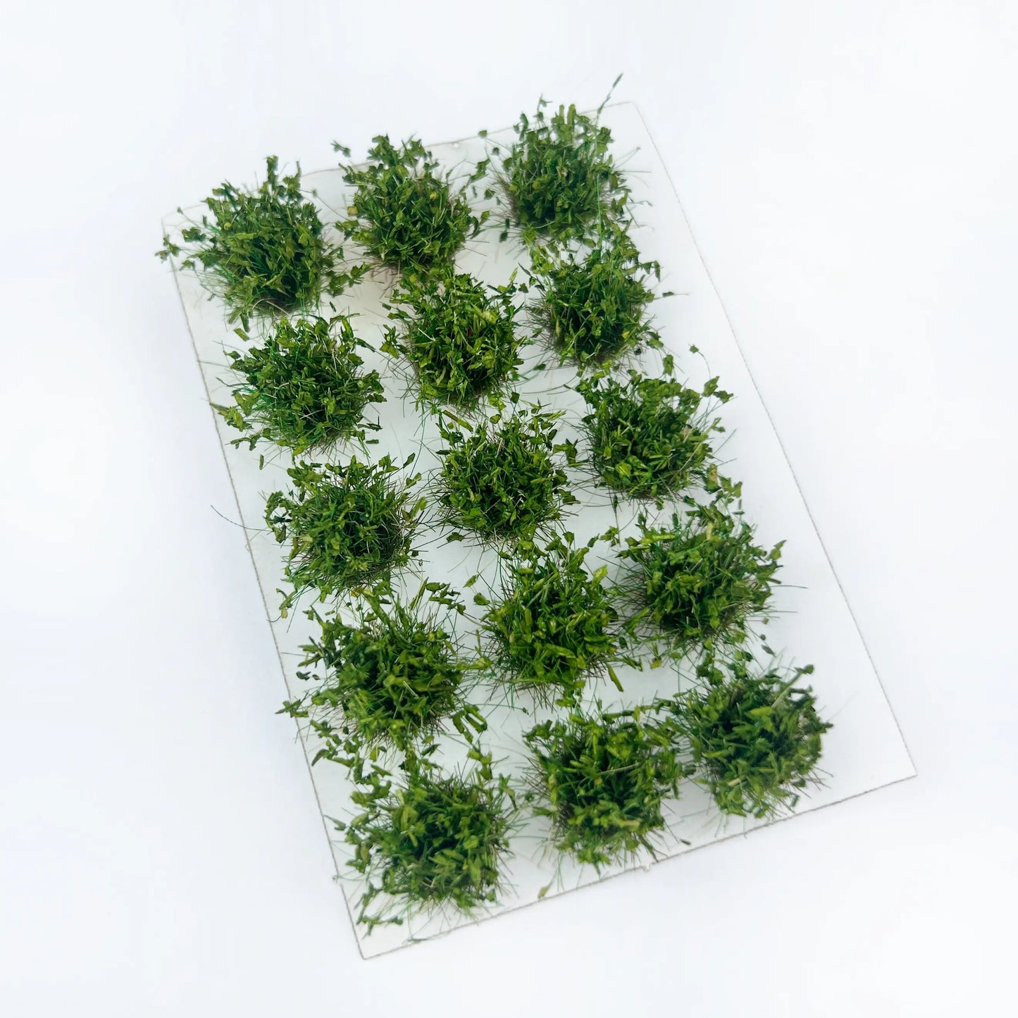 Soft light forest green fine leaf static grass tuft sheet, delicate mini grass clumps for garden miniature scene, diorama base and tabletop wargame terrain decoration

