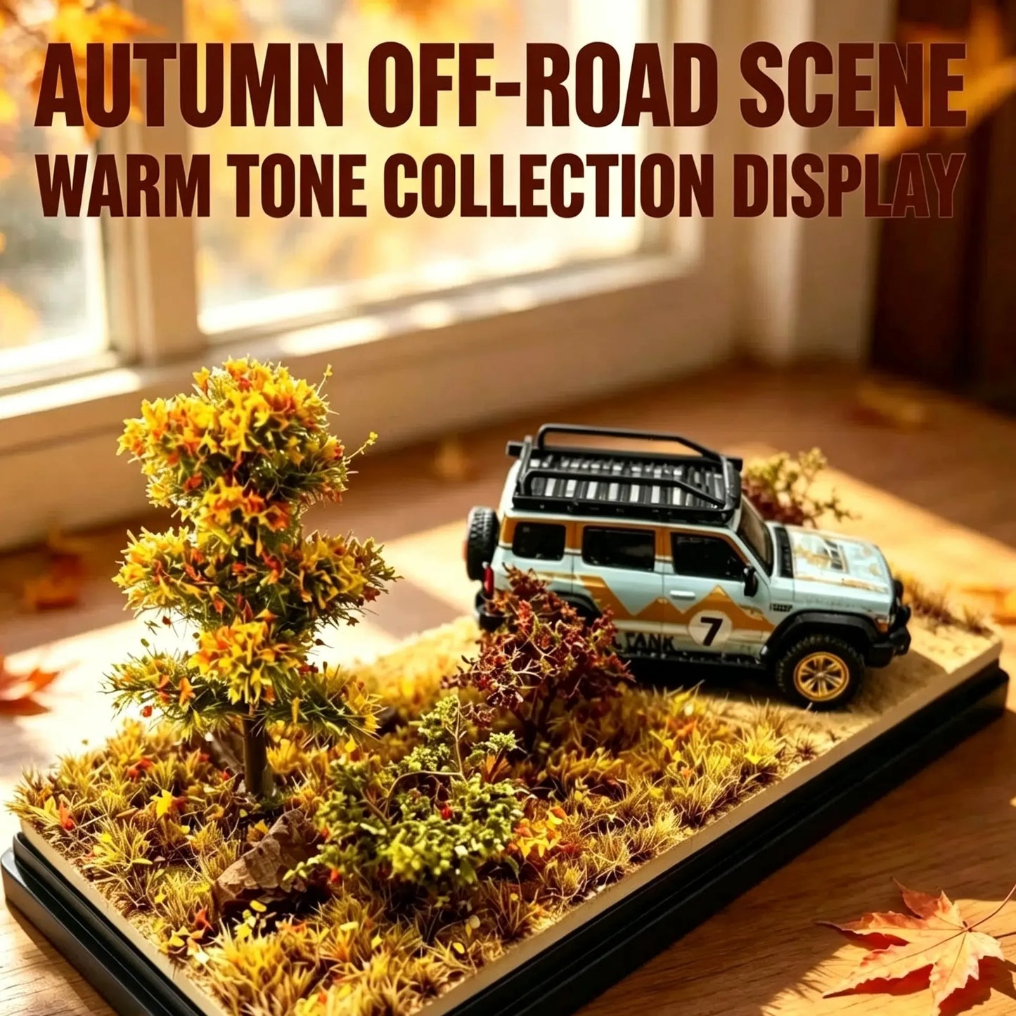 Winter snow theme diorama scene with snow flocked pine trees and frosted bushes, window decoration for 1:64 off-road car collection