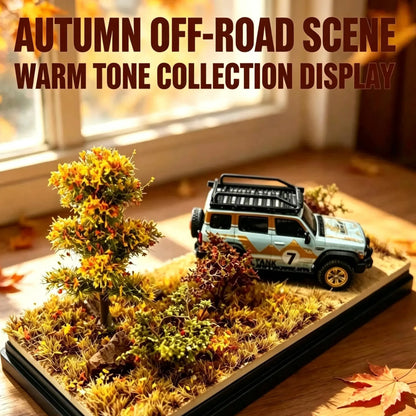 Winter snow theme diorama scene with snow flocked pine trees and frosted bushes, window decoration for 1:64 off-road car collection