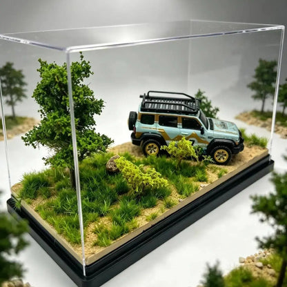 Handmade spring summer dirt road diorama base with green static grass tufts, miniature model trees and rock decor, terrain kit for 1:64 off-road diecast car hobby