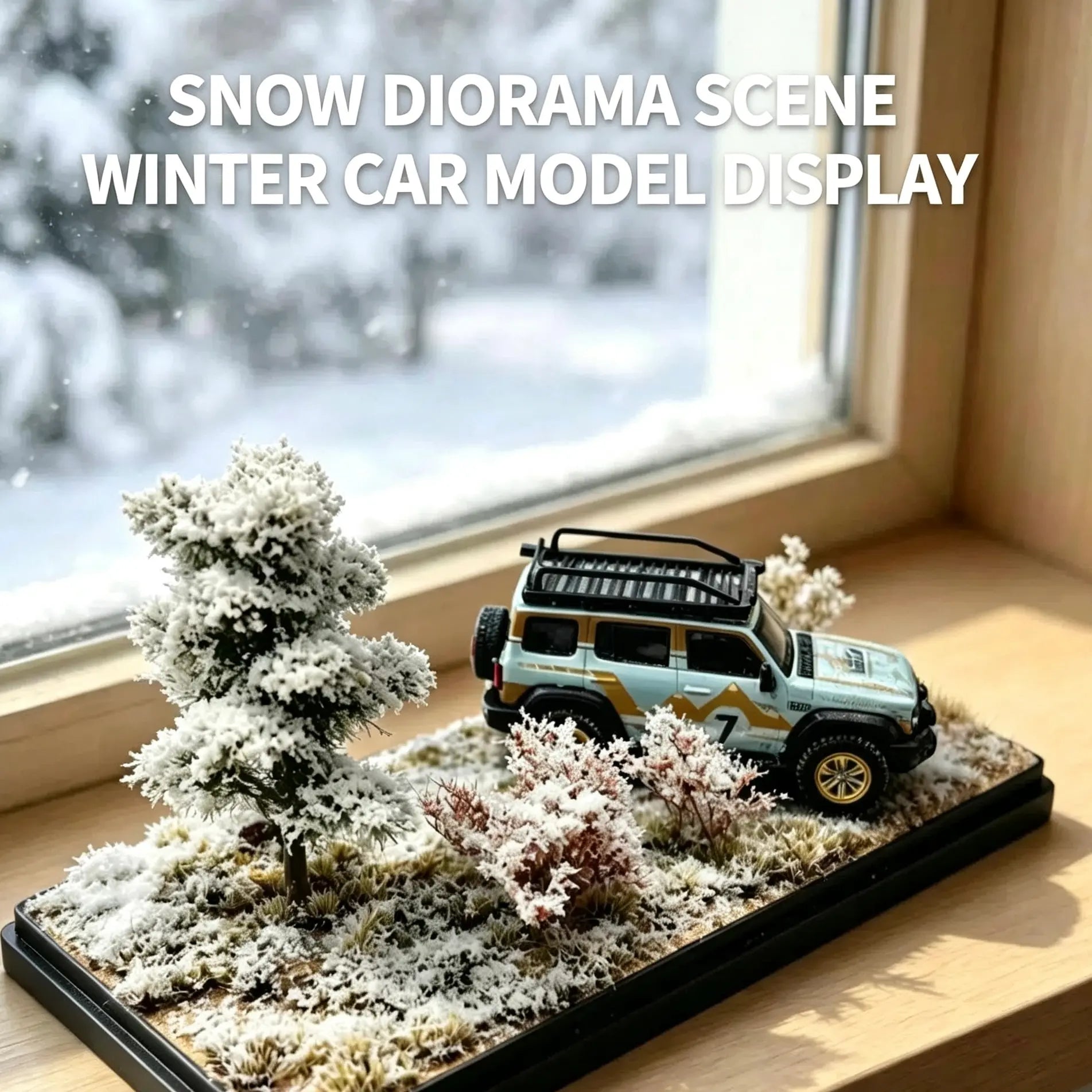White background winter snow forest diorama base, snow coated static grass and frosted miniature trees for diecast car display