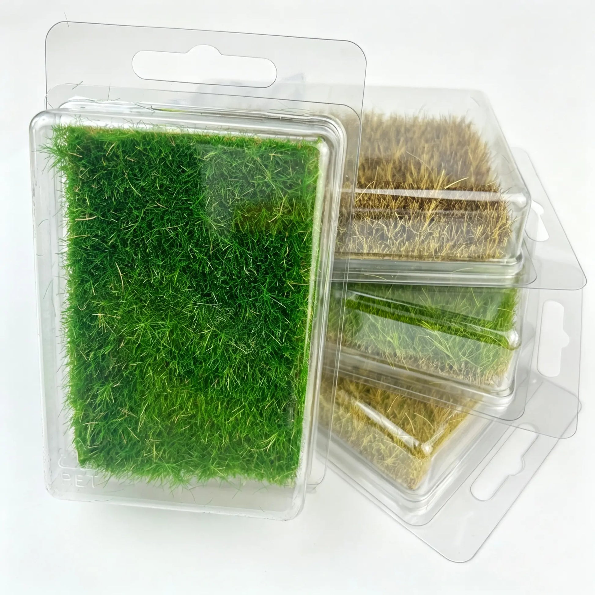 Assorted green autumn yellow static grass mat set with transparent blister storage box, pre-made static grass tufts terrain sheet kit for scale model diorama beginner hobbyists