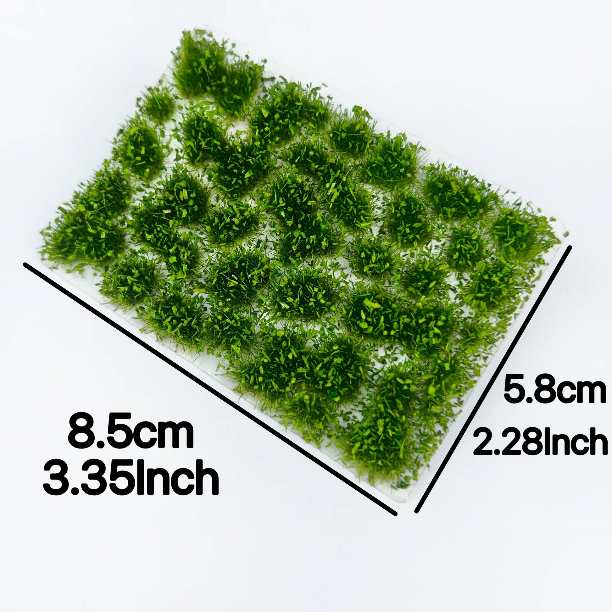 Size marked pre-made fresh green static grass tufts sheet measuring 8.5cm by 5.8cm, self-adhesive realistic static grass mat miniature lawn terrain for scale model building, wargame tabletop base, railway layout scenery and diorama craft hobby supplies
