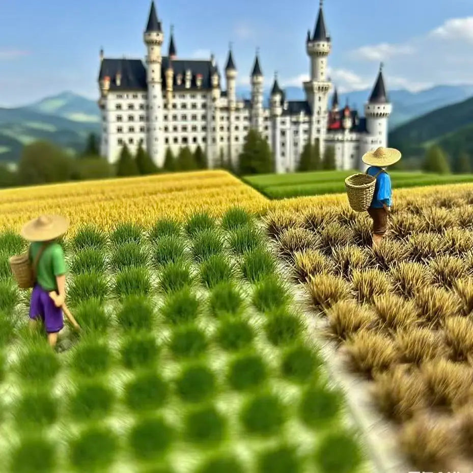4 seasonal color swatch comparison of individual static grass tufts, winter brown, spring green, summer green, autumn yellow static grass mat miniature grass clumps color reference for scale model, wargame terrain, railway layout and diorama craft scene matching