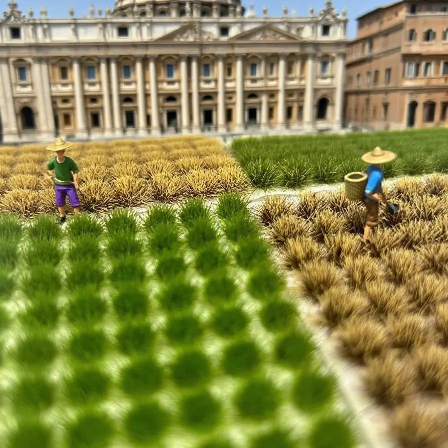 Bright spring green static grass tufts mat preformed sheet with 54 individual grass tufts, natural miniature terrain lawn sheet for scale model scene, wargame battlefield, railway layout landscaping and diorama craft production