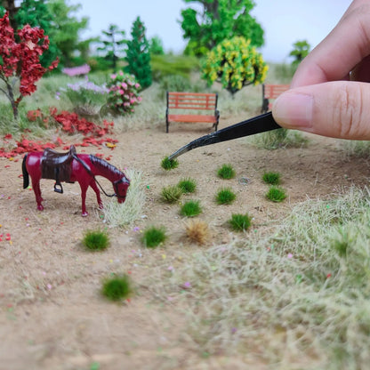 Realistic finished scale diorama landscape scene decorated with self-adhesive static grass tufts, featuring miniature horse, park benches, trees and flower clusters, scenery demo for wargame base building, static grass tufts, miniature diorama supplies, wargame terrain material, model railway grass, self-adhesive grass clusters, scale model scenery, warhammer terrain, hobby craft grass