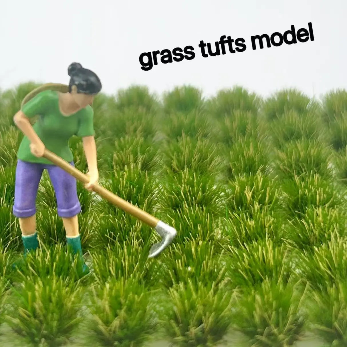 Self-adhesive summer mixed green static grass tuft mat matched with farmer miniature figure, full size measurement marked, for rural farmland, countryside farm diorama and wargame terrain craft reference