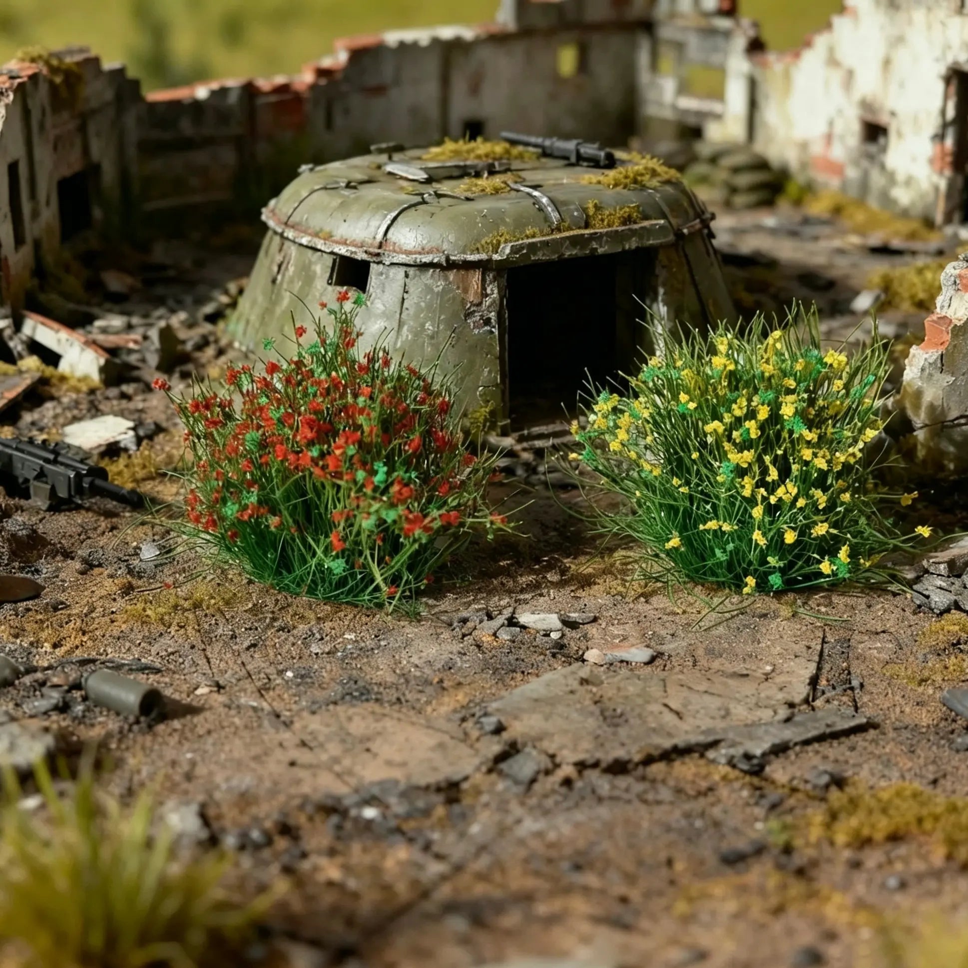 White and green miniature grass tufts, realistic scale model terrain kit for hobby diorama builders.
