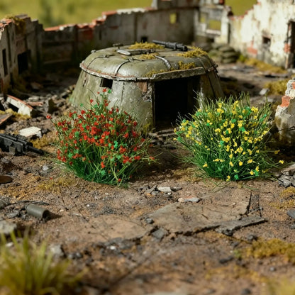 White and green miniature grass tufts, realistic scale model terrain kit for hobby diorama builders.
