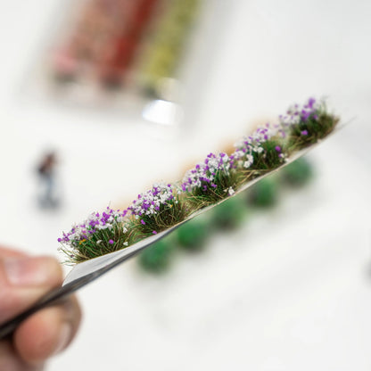 Purple and white miniature flower cluster strip, realistic bushy effect for model garden and pathway decoration