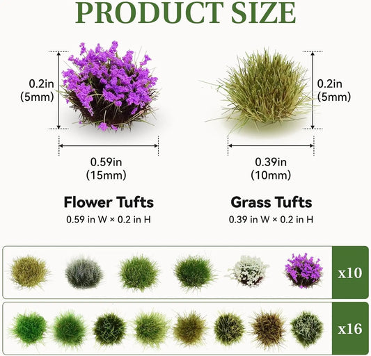 Before and after comparison of miniature diorama terrain upgrade with self-adhesive static grass tufts and colorful flower clusters, add depth and natural detail for wargame, railway layout and dollhouse scenery