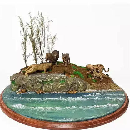 Finished savanna wild animal lakeside scale model diorama, realistic white wave water surface made with water effect texture paste, lion leopard miniature figure terrain for wargame tabletop handmade craft