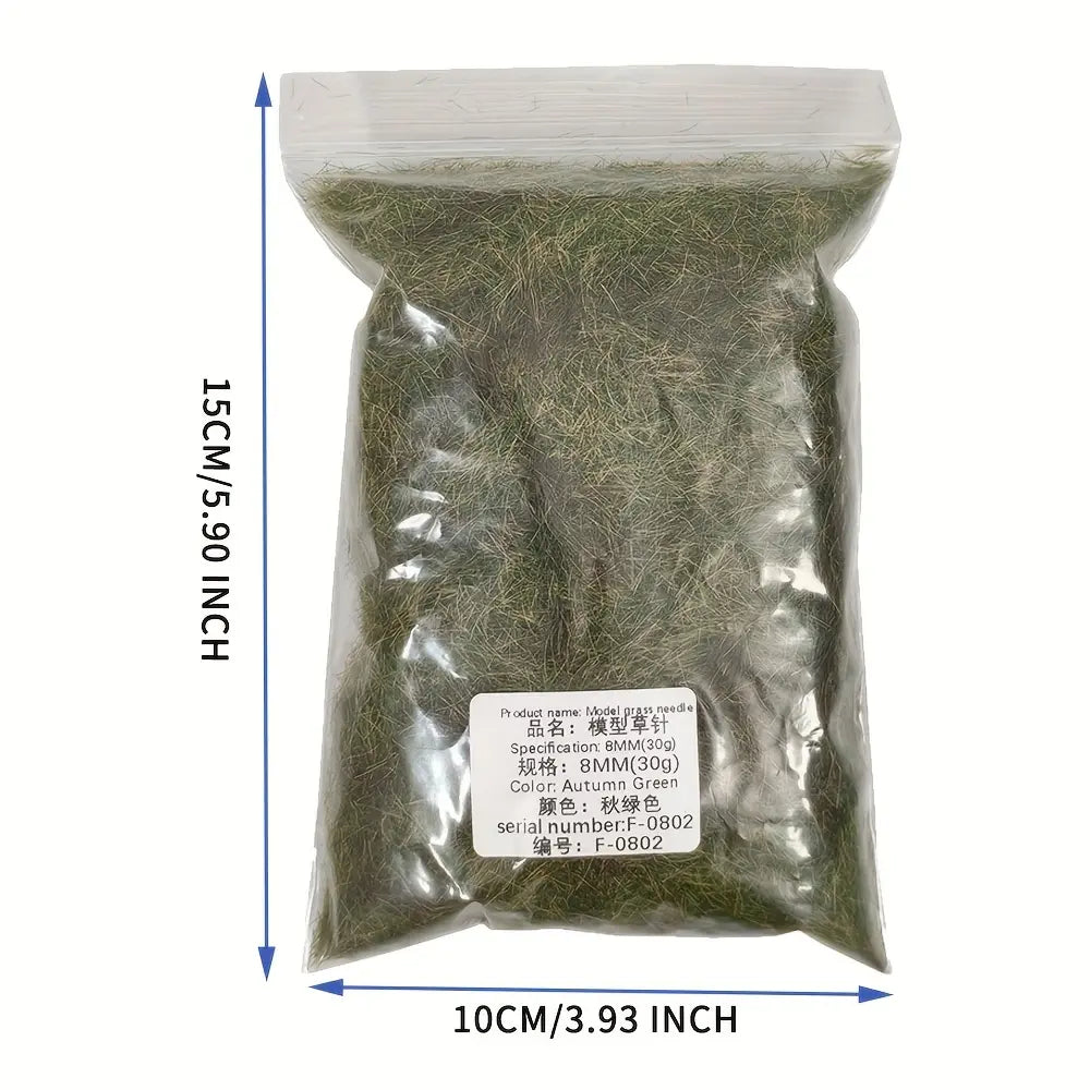 Close-up of 8mm miniature static grass needle tufts, realistic fine fiber texture for model scenery