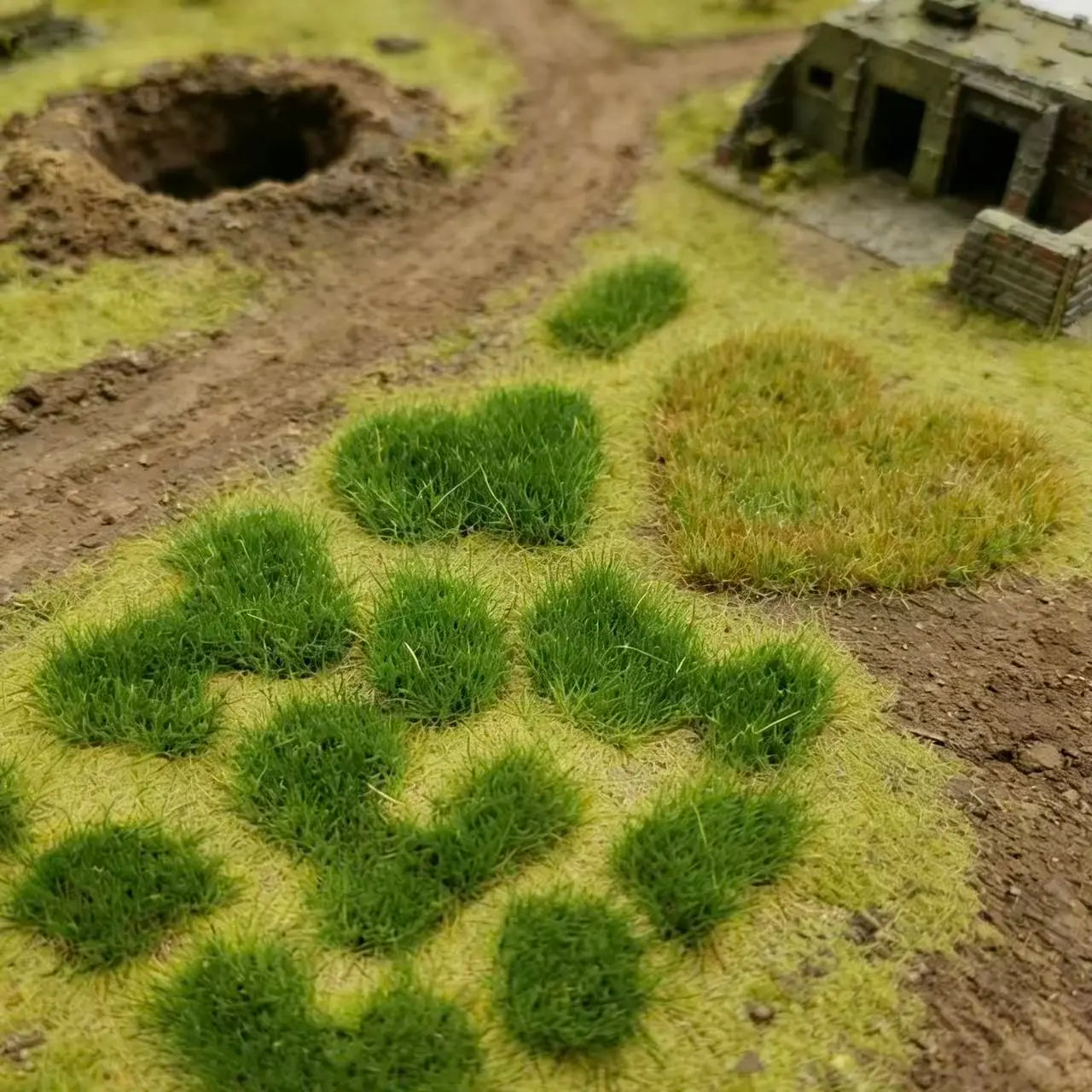 Vibrant fresh green self-adhesive grass tufts for miniature forest garden diorama, match tiny animal figures, miniature trees and stone scenery, great for fairy garden scale model layout