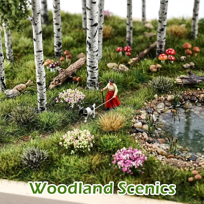 Complete 110 pieces static grass tuft and mini flower cluster set with two storage plastic boxes, multiple natural green, autumn brown, grey, red, pink, yellow color vegetation for all scale diorama terrain building